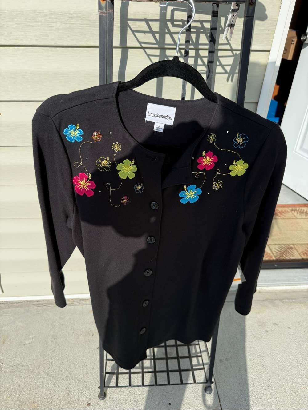 breckenridge Black Cardigan with Bright Floral Embroidery
